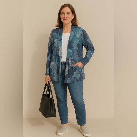 Chico’s Flowing Petals Lightweight Open Front Mermaid Print Jacket Size Small - Picture 1 of 16